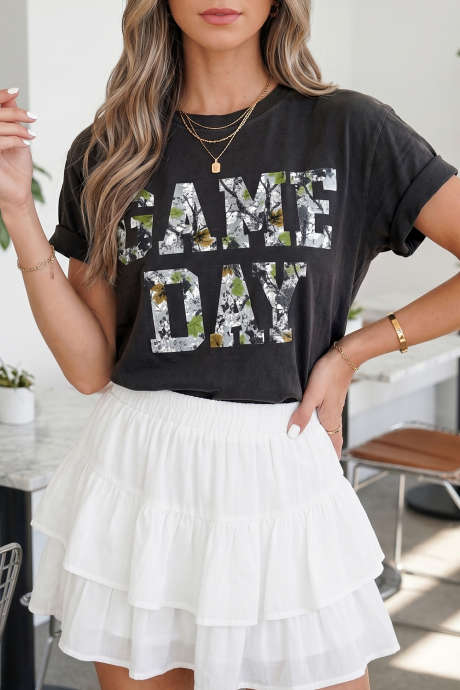 Black Camo Print Game Day Tee Short Sleeve Round Neck Casual T Shirt