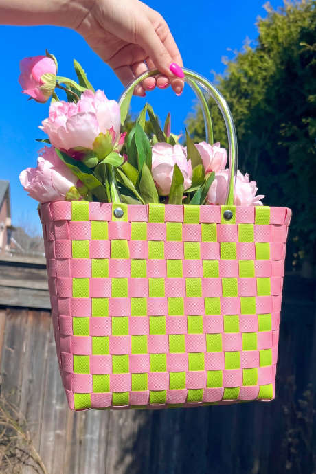 Bright Pink Checkered Straw Woven PU Handles Tote Bag BH031767-P106