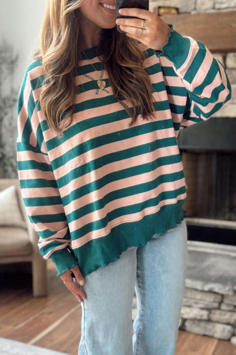 Berdeng Guhit na Kaswal na Long Sleeve Round Neck Striped Pullover Sweatshirt
