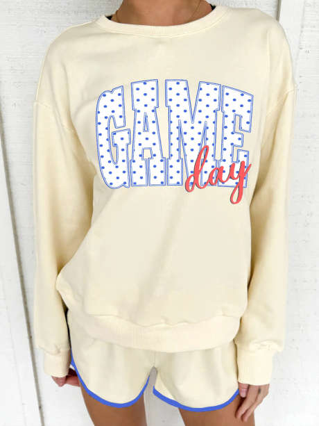 Beige Game Day Crewneck Sweatshirt Set Long Sleeve Pants Sets