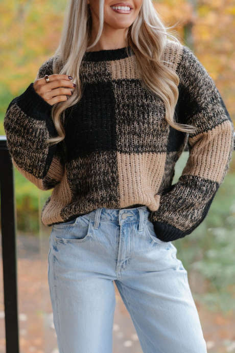 Black Casual Plaid Long Sleeve Tunic Sweater