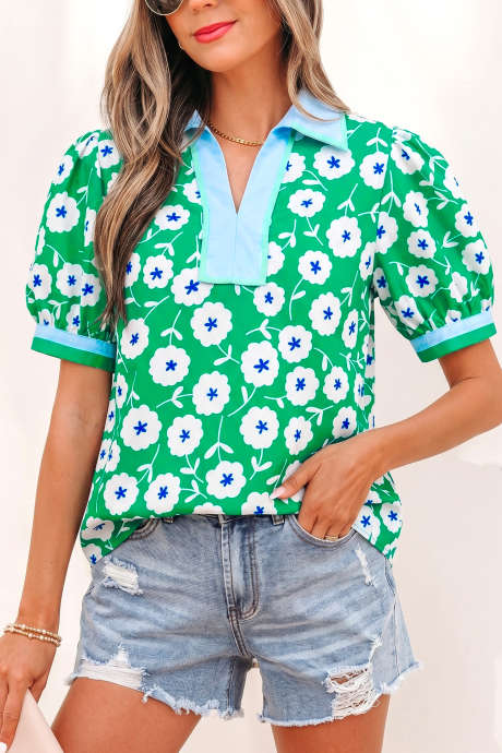 Blouse na may Kulay Berdeng Bulaklak na May Print na Contrast Patchwork Collar na Maikling Manggas LC2557683-P920