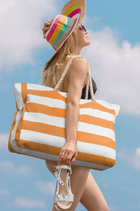 Carrot Striped Waterproof Canvas Large Capacity Tote Bag BH031168-P1014