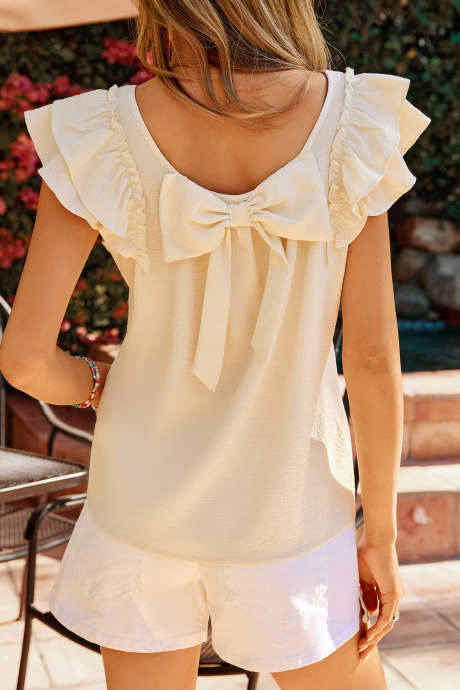Apricot Solid Color Bow Detail Back Ruffled Sleeveless Top LC25613567-P18