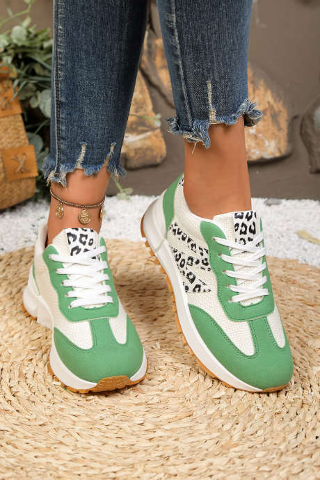 Tênis esportivo de couro PU verde com detalhe de estampa de leopardo em blocos de cores BH022513-P9