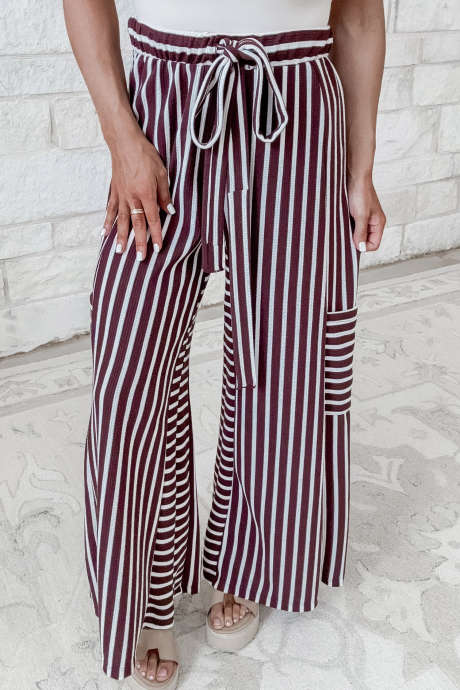 Brown Stripe Casual Full-Length Striped Pants with Pockets