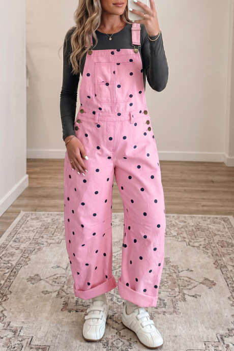 Phalaenopsis Polka Dot Print Bib Pocket Denim Barrel Overalls Jumpsuit LC7721143-P608