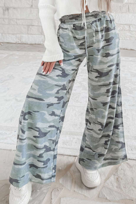 Green Casual Camo Wide Leg Pants Daily Full Length Regular