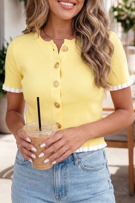 Yellow Cream Ribbed Knit Contrast Frilled Short Sleeve Sweater Cardigan