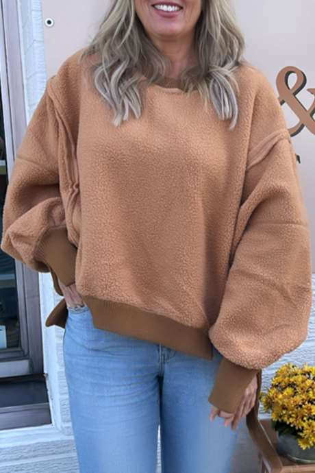 Chestnut Oversized Long Sleeve Fleece Pullover Tunic Casual Sweatshirt