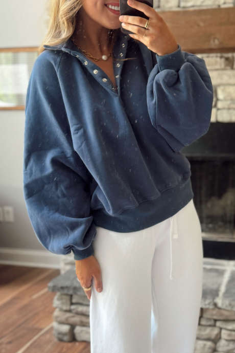 Sail Blue Casual Loose Fit Long Sleeve Collar Pullover Hoodie