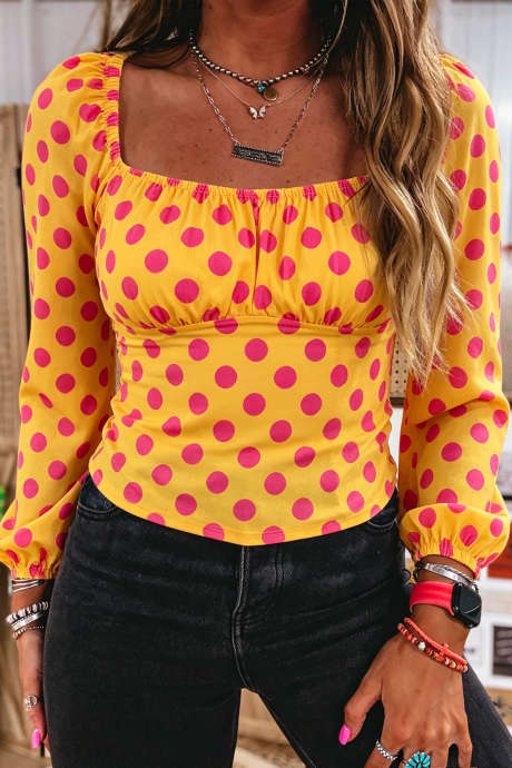 Orange Square Neck Long Sleeve Polka Dot Top Western Style Shift Regular Length Beach Vacation Outdoor Daily