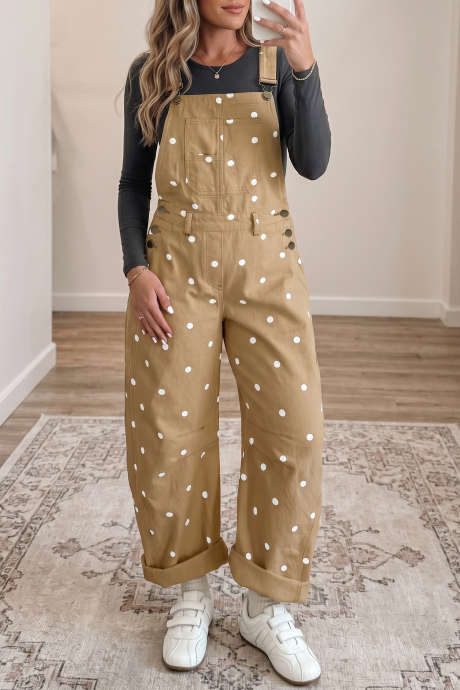 Magaan na Pranses na Beige na May Polka Dot na May Bib Pocket na Denim Barrel na Overalls na Jumpsuit