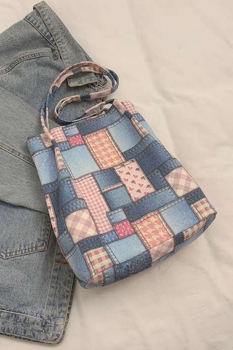 Bolsa de lona rosa vintage com estampa xadrez patchwork BH031632-P10