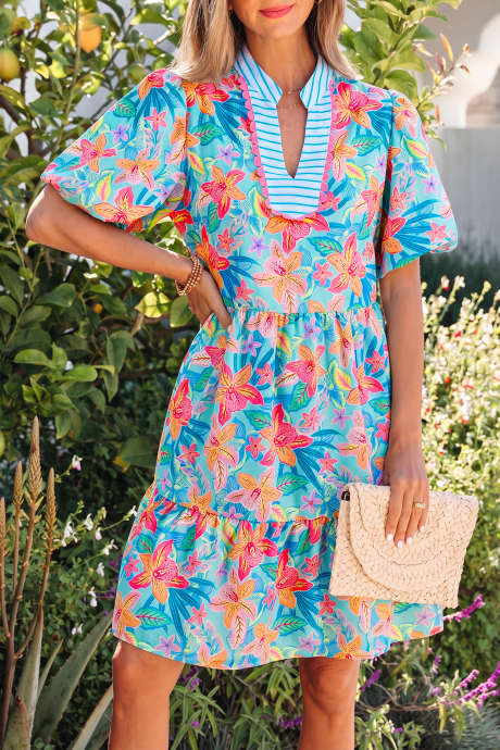Robe à imprimé floral multicolore, bordure festonnée contrastée et col en V LC6129155-P22