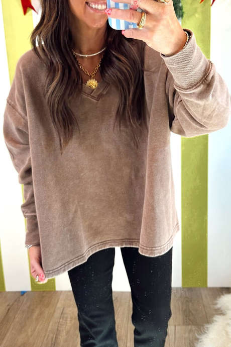 Parchment Casual V Neck Long Sleeve Solid Regular Fit Pullover
