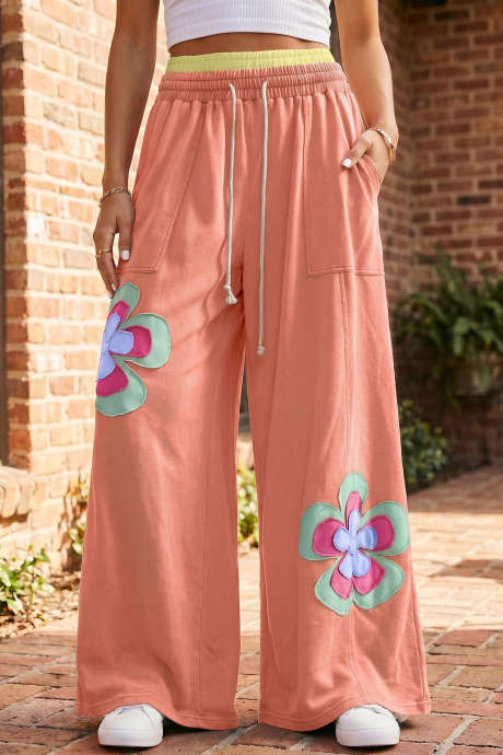 Pantalon na may Malapad na Paa na may Kulay Kahel na Bulaklak na may Patchwork na may Hila na may Kontrasyong Elastikong Baywang