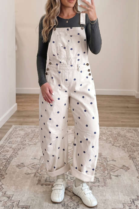 Jet Stream Polka Dot Print Bib Pocket Denim Barrel Overalls Jumpsuit