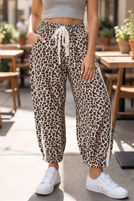 Black Leopard Print Lace Trim Ankle Length Casual Pants
