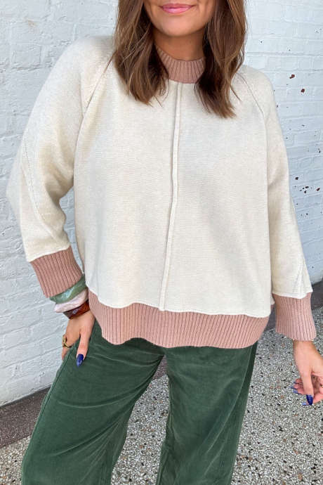 White Casual Loose Fit Colorblock Sweater Long Sleeve Pullover