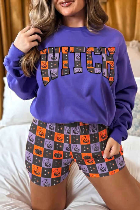 Ensemble 2 pièces : haut à manches longues et short contrastant à carreaux orange avec inscription « sorcière ».