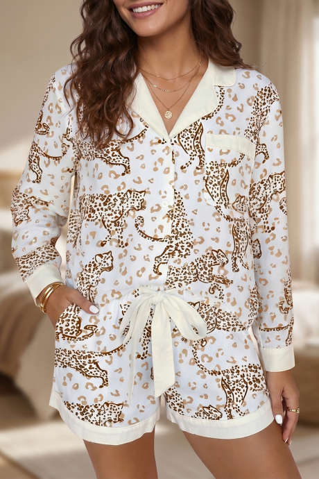 Dilaw na Lively Cheetah Print Contrast Collar Long Sleeve Shirt Bow Knot Shorts 2pcs Pajama Set