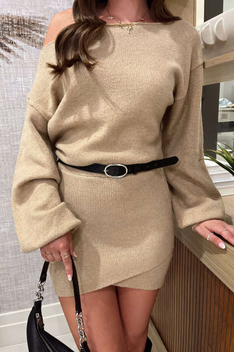 Parchment Off Shoulder Long Sleeve Mini Shift Dress Casual Daily Winter Sweater Dress