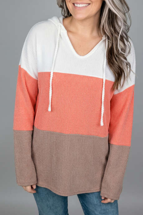Maglia a maniche lunghe con cappuccio e maniche lunghe, a coste color block con motivo fiamma dorata.