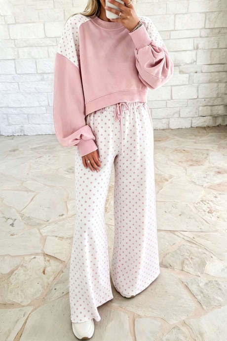 Pink Polka Dot Patchwork Colorblock Long Sleeve Casual Two Piece Pants Set