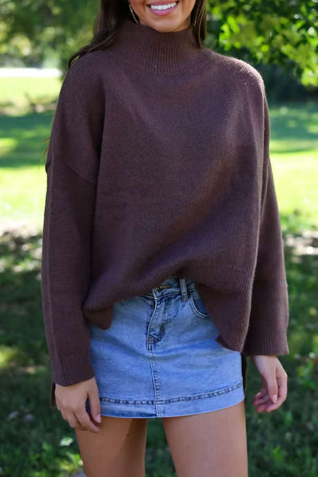 Chicory Coffee High Neck Long Sleeve Split Hem Casual Sweater