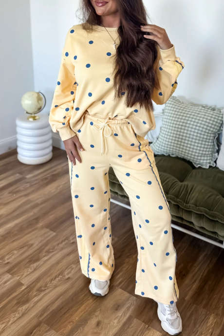 Yellow Casual Long Sleeve Polka Dot Patchwork Two Piece Set