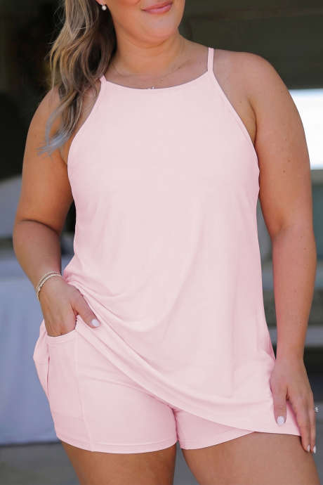 Pink Plus Size na Built-in na Shorts na Damit na Walang Manggas na may Maikling Set na Dalawang Piraso