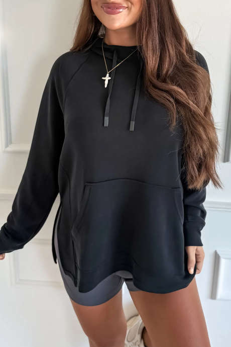 Itim na Kaswal na Maluwag na Tunika na Hoodie na Mahabang Sleeve Solid na Bakasyon sa Dalampasigan Pang-araw-araw na One Piece