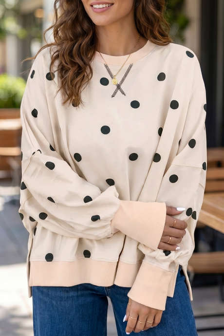 Beige Oversized Polka Dot Sweatshirt Round Neck Long Sleeve Tunic Pullover