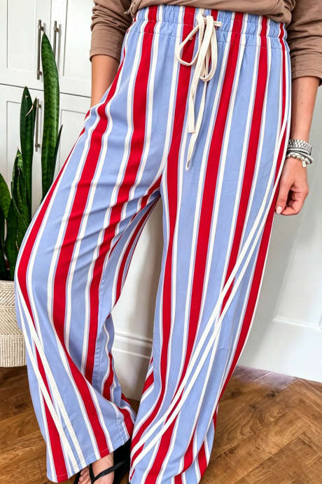 Fiery Red Striped Wide Leg Casual Full-Length Pants
