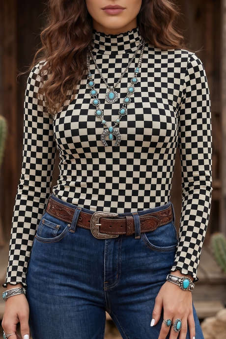Black Checkerboard Print Stand Neck Long Sleeve Sheath Pullover