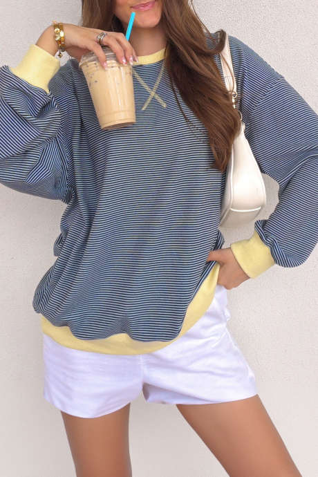 Asul na Guhit na Kaswal na Guhit na Mahabang Manggas na Round Neck Shift Pullover