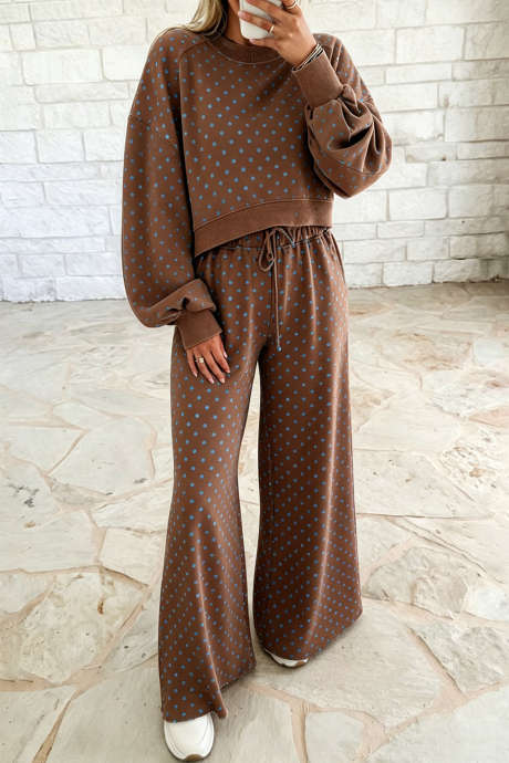 Ensemble haut et pantalon à manches longues et jambes larges à pois marron avec cordon de serrage