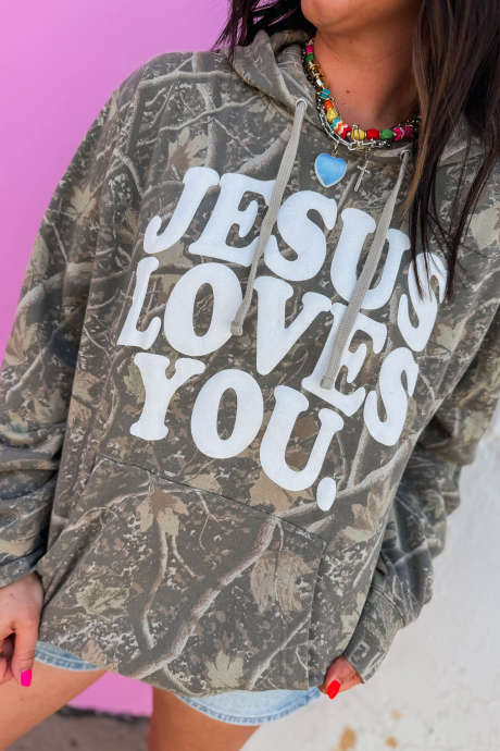 Áo hoodie dáng rộng màu nâu rằn ri cổ điển in chữ "Jesus Loves You"