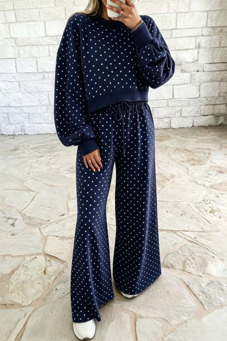 Ensemble haut et pantalon à manches longues et jambes larges à pois bleus avec cordon de serrage