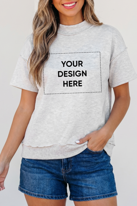 Light Grey Exposed Seam Detail Mock Neck Tee