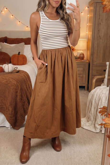 Vestido de patchwork con rayas contrastantes y mezcla de castaños