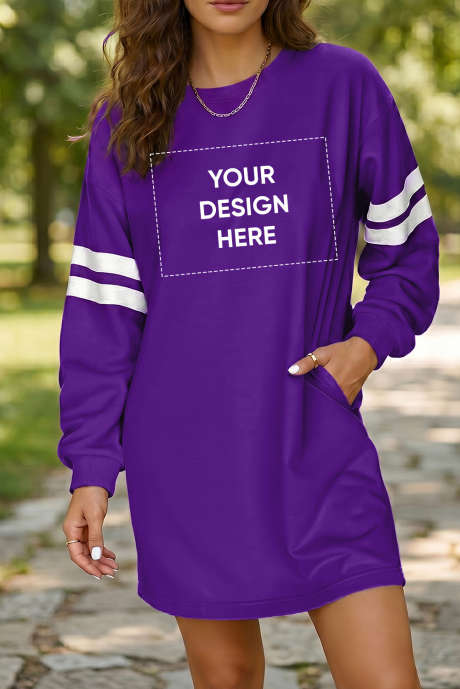 Tillandsia Purple Varsity Contrast Banded Sleeve Shift Sweatshirt Dress
