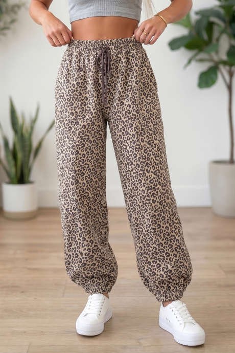 Pantalon kaki imprimé léopard, taille élastique, longueur cheville