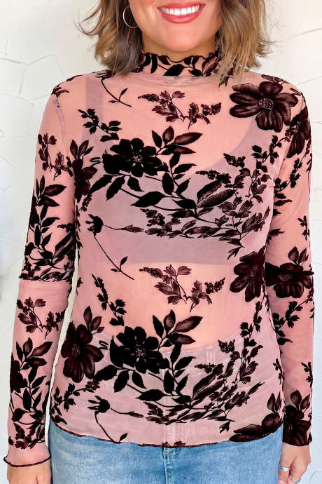 Blusa de manga larga tipo jersey de malla rosa con estampado floral retro y gasa