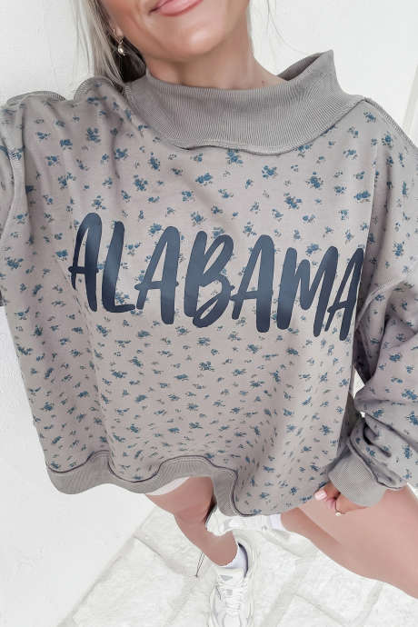 Gray ALABAMA Floral Print High Neck Game Day Loose Sweatshirt
