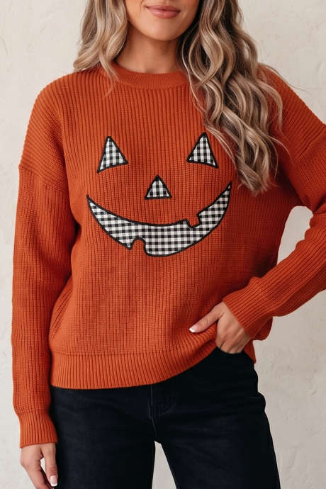 Orange Drop Shoulder Long Sleeve Round Neck Halloween Sweater Pullover