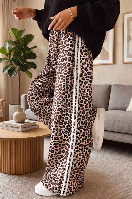 Beige Leopard Wide Leg Pants with Side Stripe Detail Casual Full-Length Trousers
