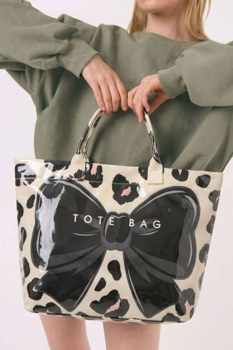 Tas jinjing PVC ramping motif leopard dengan pita manis warna hitam