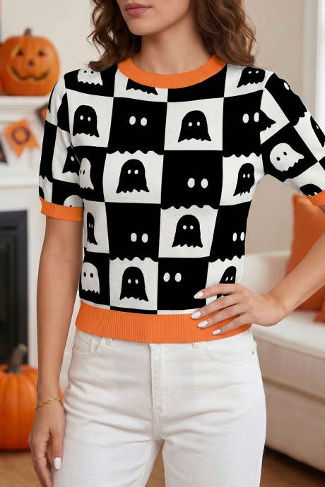 Sweater Rajut Lengan Pendek dengan Trim Blok Warna Geometris Putih Bermotif Hantu